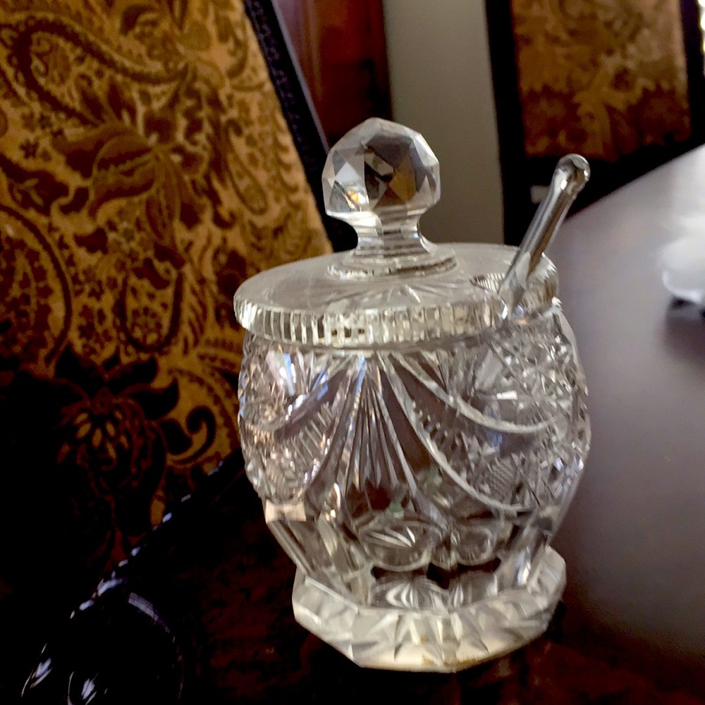 Antique cut glass sugar bowl with spoon